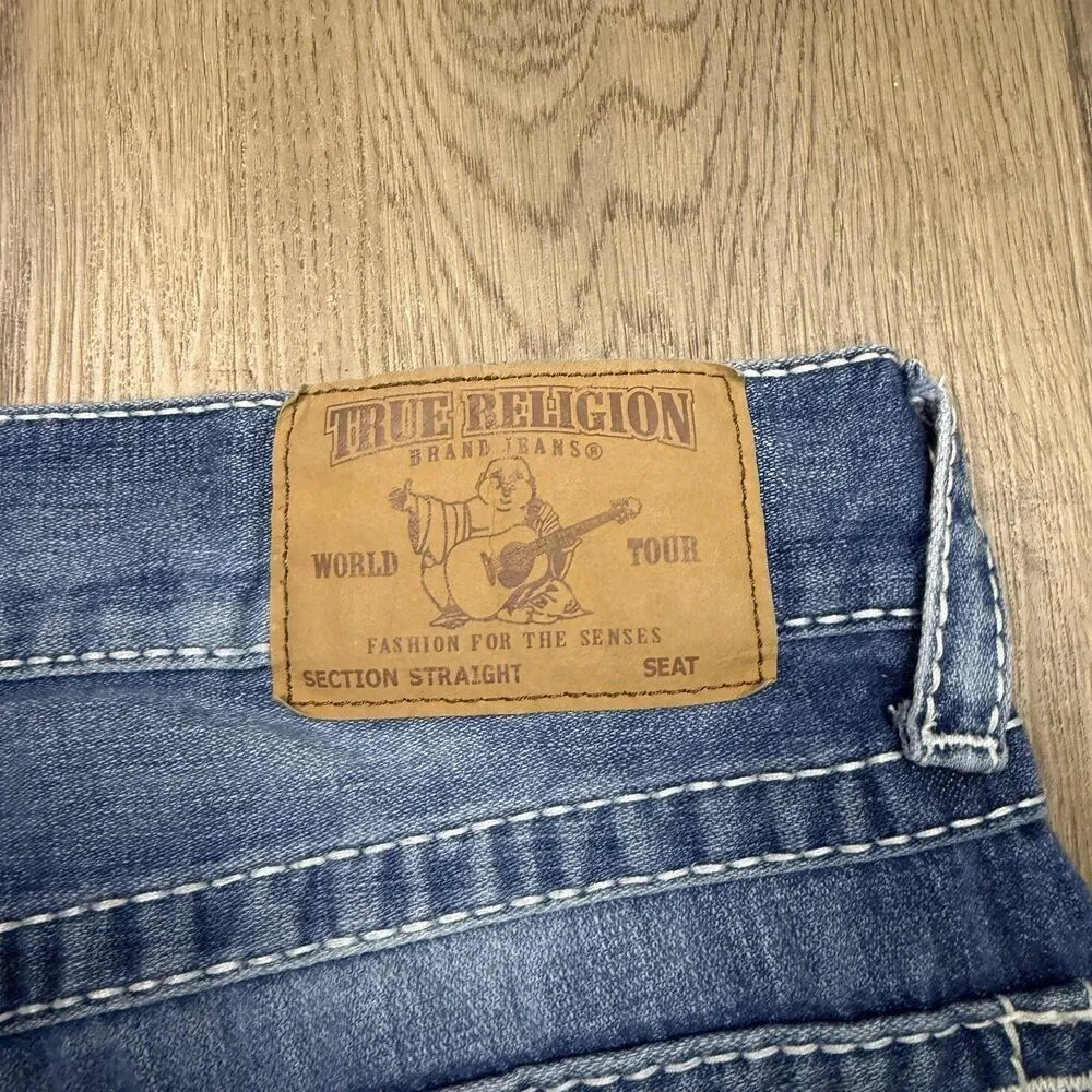 True Religion Jeans Mens 33x31 Blue Straight Flap Natural Big T Stitch Denim